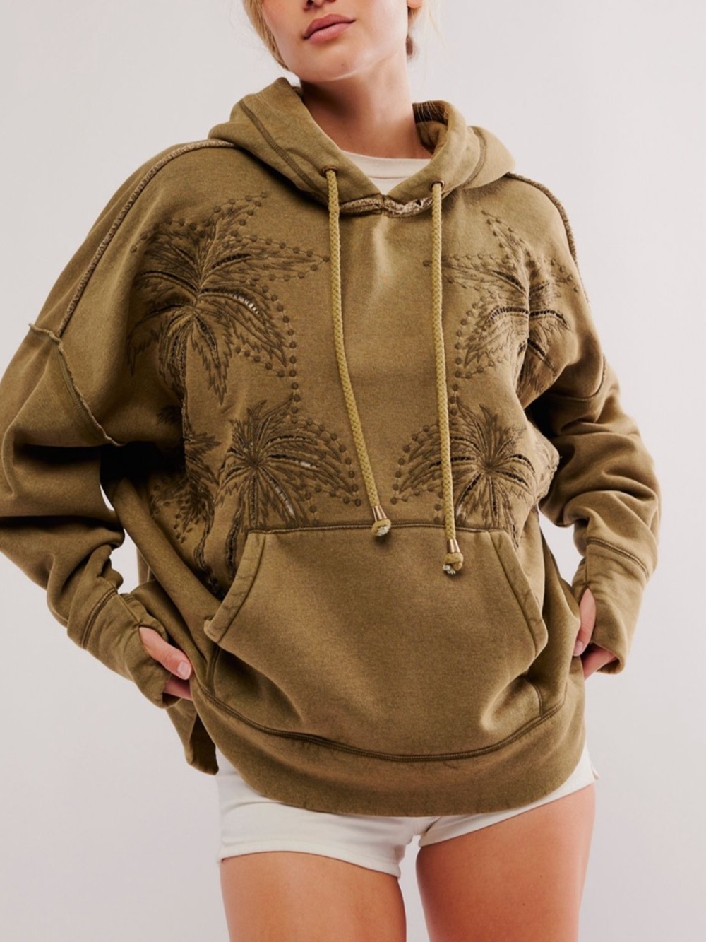 NEW We The Free Palm Springs Olive Green Oversized Palm Embroidered Hoodie XL